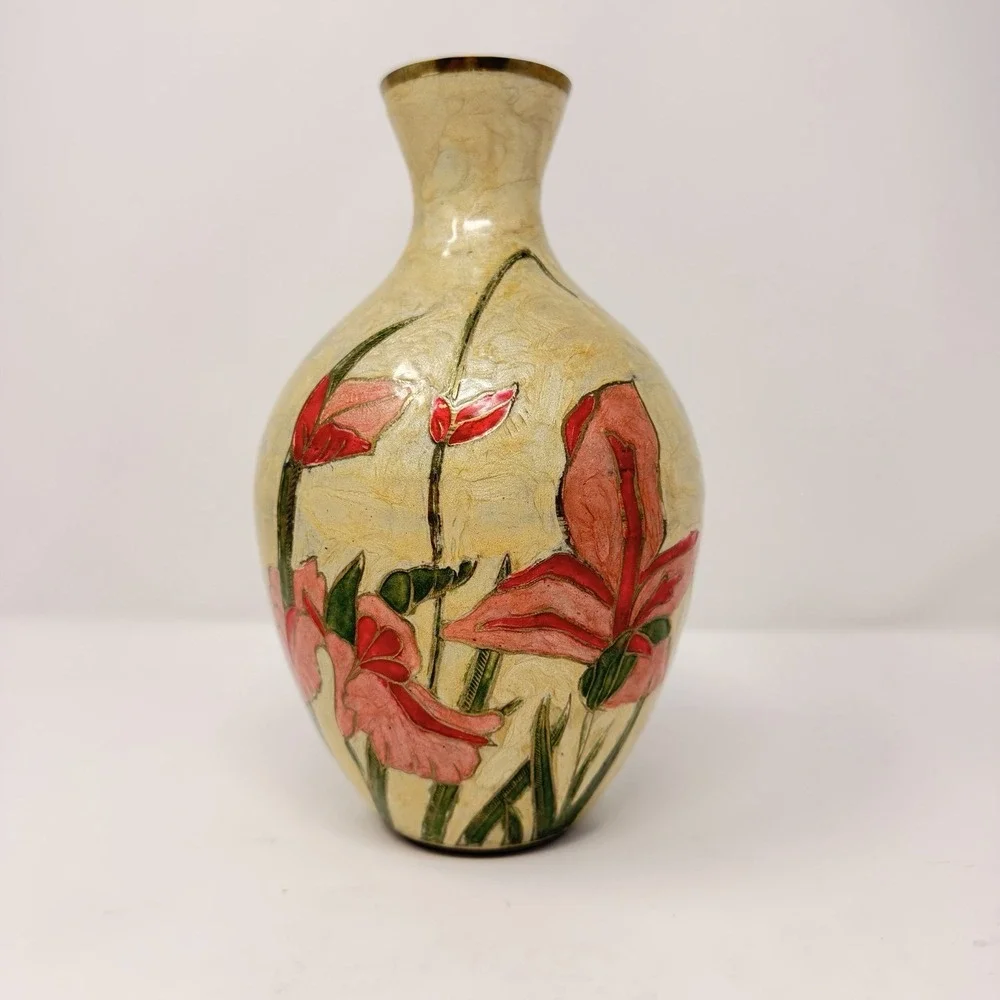 Vintage Brass Enamel Vase Made in India Hand Painted‎ Floral 9.5